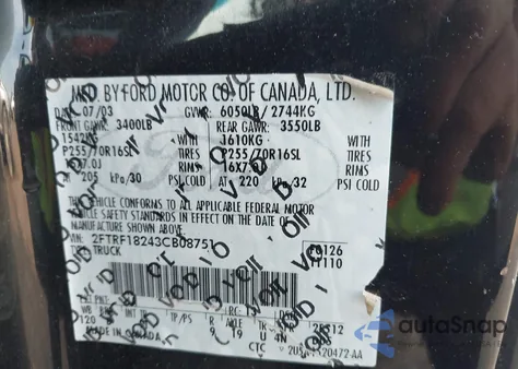 2003 Ford F150 from USA, damaged, VIN 2FTRF18243CB08751